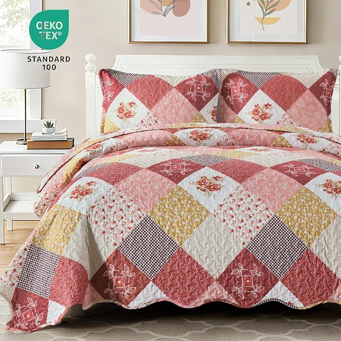 Dinjoy Boho Quilt Set King Size, Patchwork Floral Bedspreads, Romantic Red | - Image 6