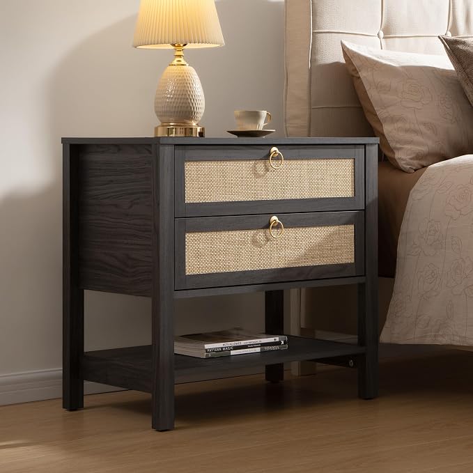 SICOTAS Rattan Nightstand Set of 2, Wide Boho Bedside Table - Image 3