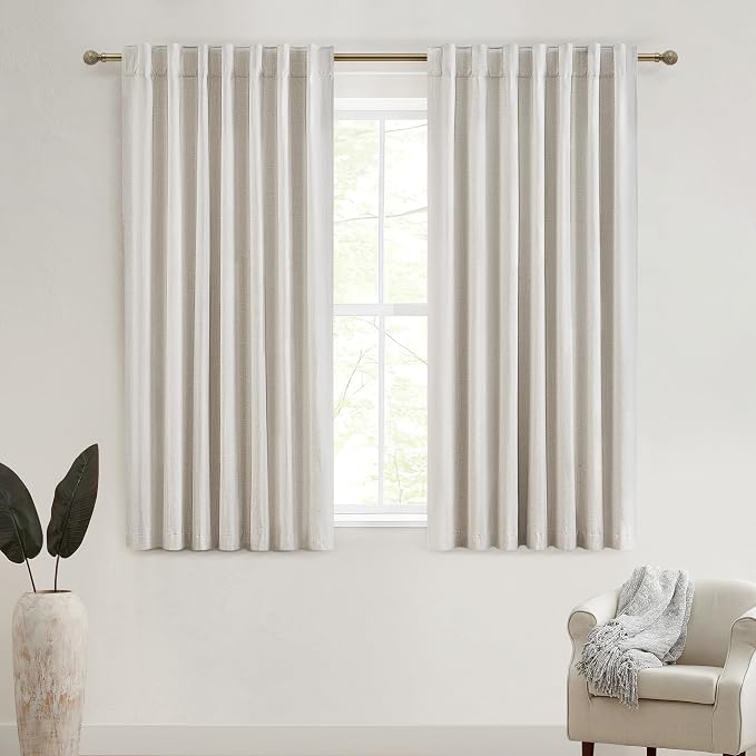 Short Linen Blackout Curtains for Bedroom 48 Inches Length 2 Panels Set by QJMYDECO