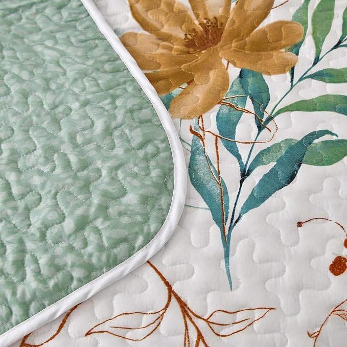 Anibedding Floral Quilt Set Queen, 3 Pieces Reversible Elegant Green Leaves - Image 6