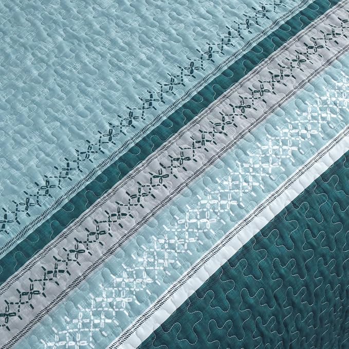 Cottolester Teal Quilt Set King Size, Soft Striped Texture Quilt Set 3 Pcs | - Image 5