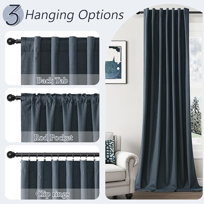 Vintage Blue 100% Blackout Linen Curtains 108 Inch Length 2 Panels Set - Image 6