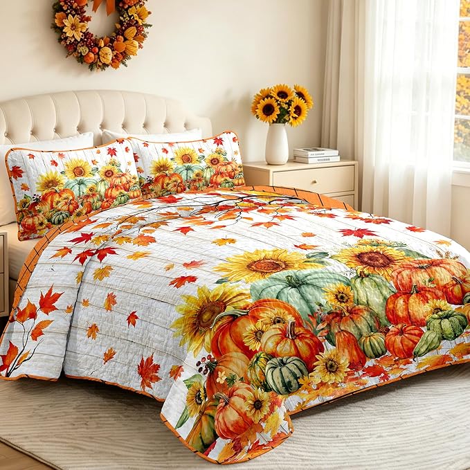 Yiran Happy Thanksgiving Harvest Quilt Queen Size, Fall Bedding Set | Pumpkin - Image 3