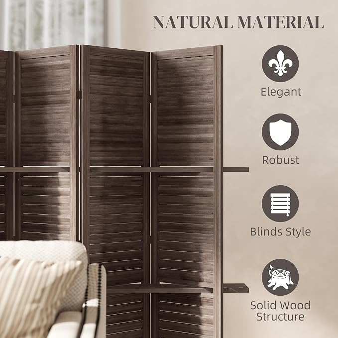HOMCOM Room Divider with Shelves, 4 Panel, Walnut | Wood Privacy Screen - Image 5