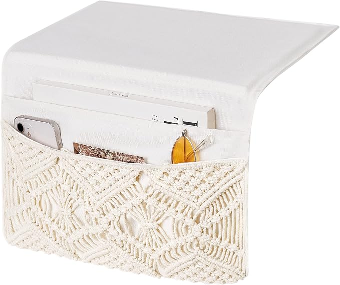Mkono Macrame Bedside Caddy, Boho Bed Storage Organizer, 4 Pockets Ivory | Dorm by Mkono