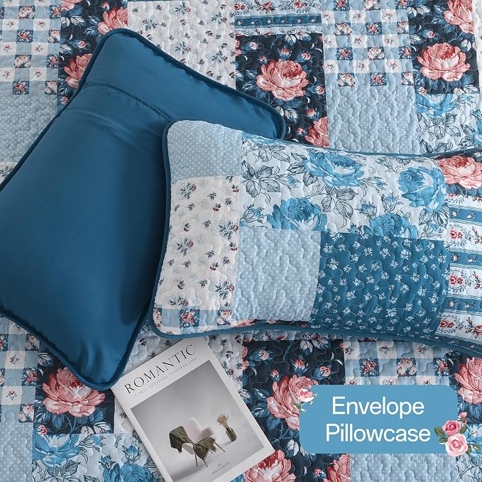 Anibedding Quilt Set King Size, 3 Pieces Blue Floral Patchwork Bedspread - Image 6