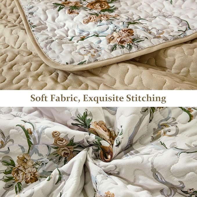 Anibedding Floral Quilt Set Queen, Retro Brown Flower Quilts 3PCs Bedspread | - Image 6