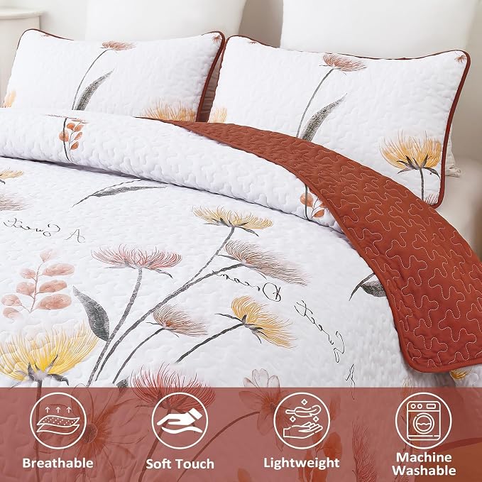 Dinjoy Floral Quilt Set Queen, Burnt Orange Bedspread - Image 3