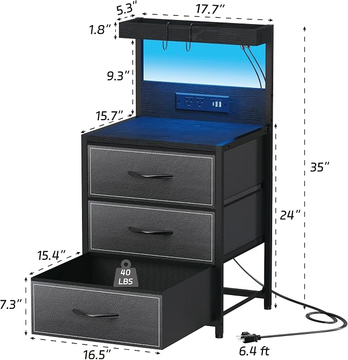 SZLHANJZ LED Nightstand Set of 2, 3 Fabric Drawers and Charging Station | Night - Image 3