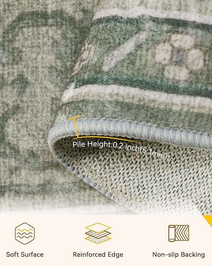 Area Rugs 7'x10' Washable Non-Slip, Floral Vintage Distress Print Pattern Medallion Carpet for Living Room Bedroom Dining Room, Dark Green Gray
