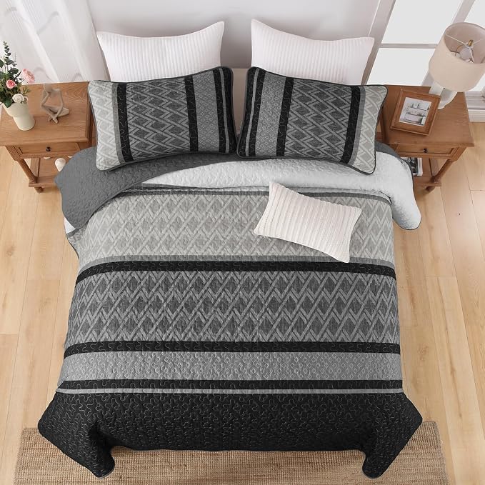 Dinjoy Striped Quilts Queen Size, Fall Bedspread Bedding Set, Dark Grey | 3 - Image 7