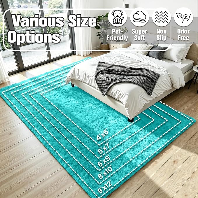 8x10 Fluffy Area Rug for Living Room: Non-Slip Turquoise Bedroom Carpet | Ultra - Image 8