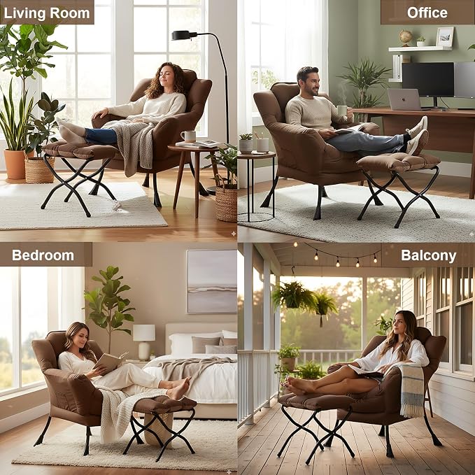 Lazy Chair with Ottoman, Comfy Accent Reading Chair, Dark Brown | Foldable - Image 8