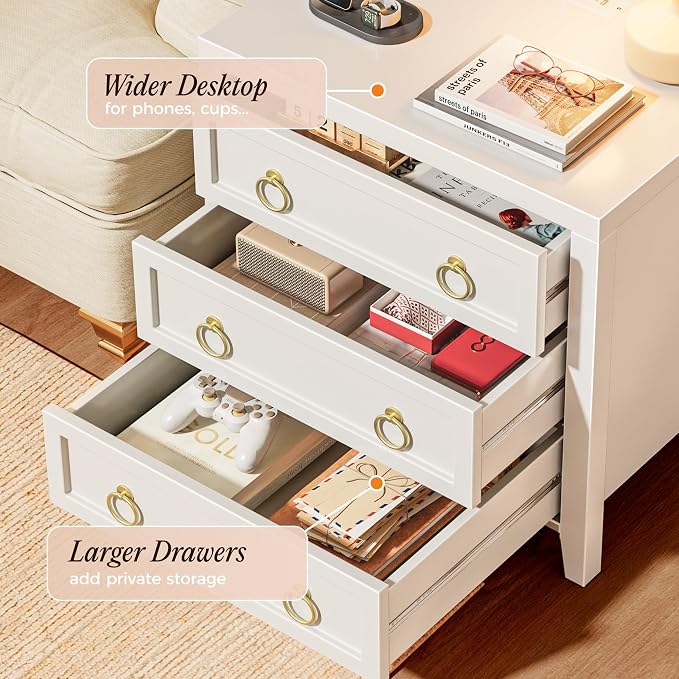 Huuger Night Stand with Charger Station and USB-C Port, 3 Drawer Nightstand | - Image 4
