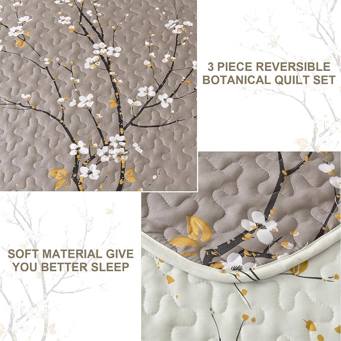 DJY Quilt Set Queen Size, Branch Botanical Bedspread Coverlet, Tan &Cream | - Image 4