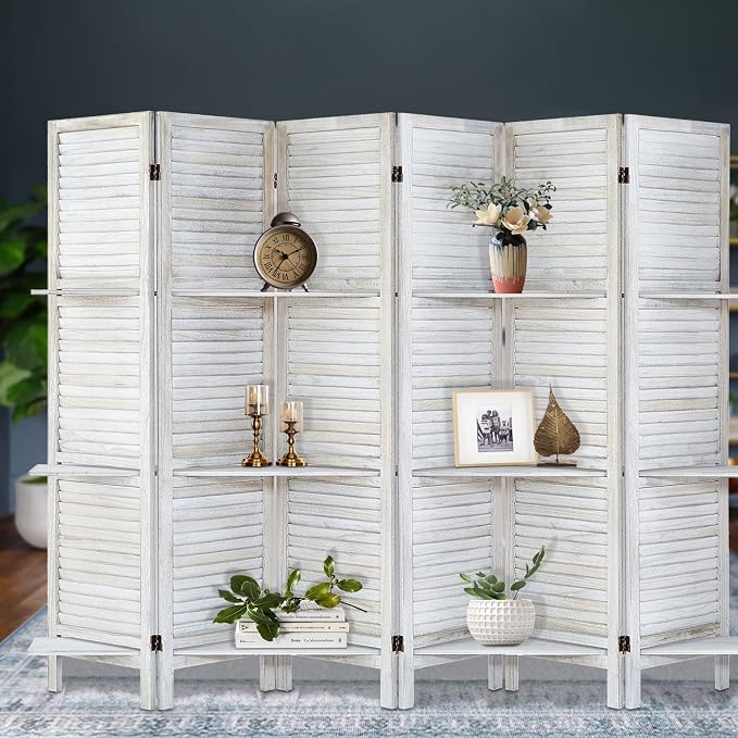 Room Divider with Shelves, 6 Panel Distressed White | Partition Room Dividers - Image 6