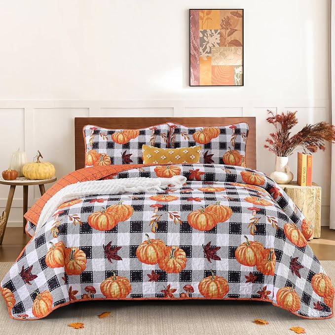 Anibedding Fall Patchwork Quilt King Size, Soft Pumpkins Maple Leaves Themed by Anibedding