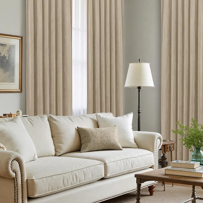 LAMIT Taupe Velvet Curtains 84 Inch for Living Room, Thick Thermal Room Darkening Drapes Elegant Back Tab and Rod Pocket Room Decor Panels for Bedroom/Sliding Glass Door, 2 Panels, 52 x 84 Inch
