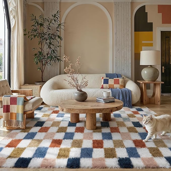 Checkered Area Rug 8x10 for Living Room Soft Fluffy Shag Carpet | Machine - Image 4