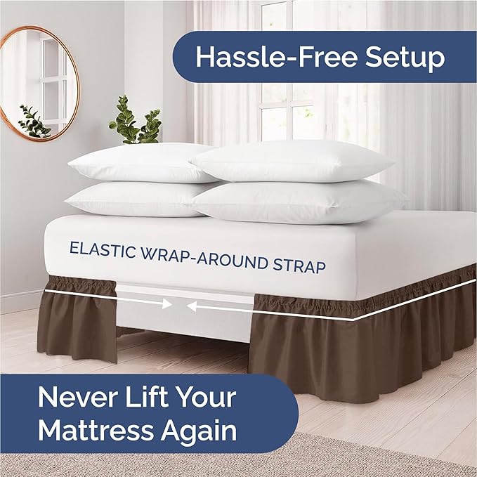 Wrap Around Dust Ruffle Bed Skirt - Brown - for Queen Size Beds with 15 Inch Drop - Easy Fit Elastic Strap - Adjustable Pleated Bedskirt w/Brushed Fabric - Wrinkle Free - for Women, Men, Kids & Teens