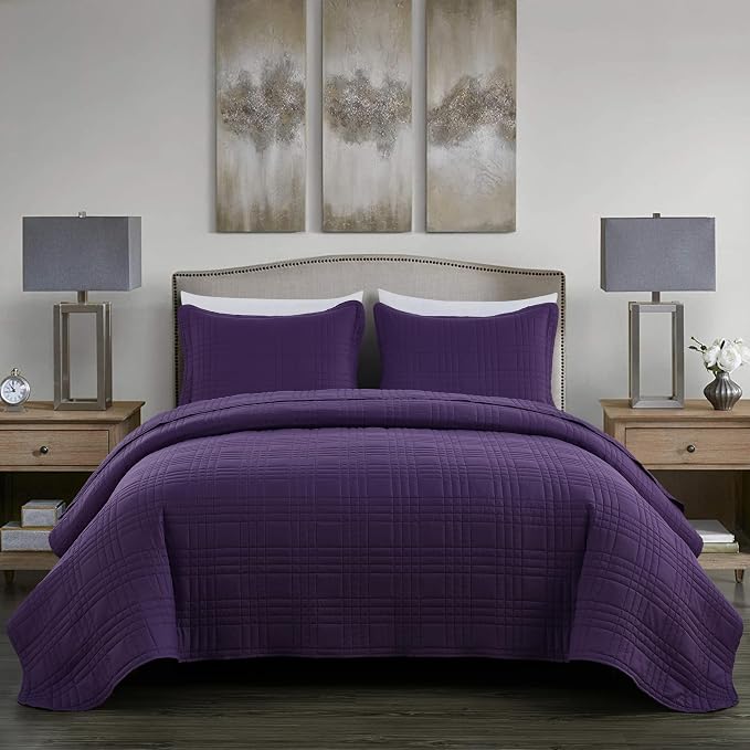 Chezmoi Collection Kingston Queen Size Bedspread Set, 3-Piece Dark Purple - Image 3