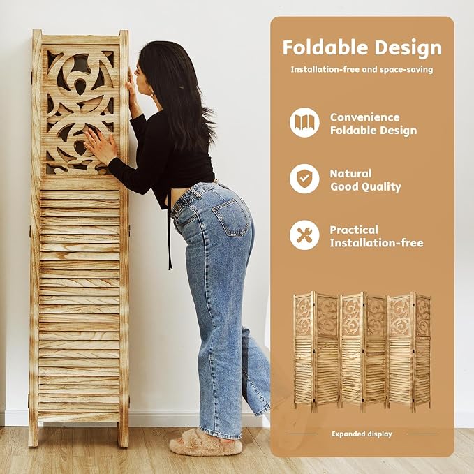 Svimi Folding Room Divider, 5.6Ft 6 Panels Wood Carved Privacy Screens - Image 4