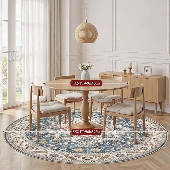 cotiled 8ft Round Living Room Area Rug, Traditional, Vintage Blue | Soft - Image 5