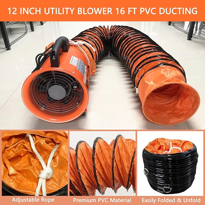 FICBXRA Utility Blower Fan 12 Inch Portable Axial Exhaust Fan 790W/7A 2300CFM High Velocity Ventilator with 16FT Duct Hose for Exhausting & Ventilating at Home and Job Site