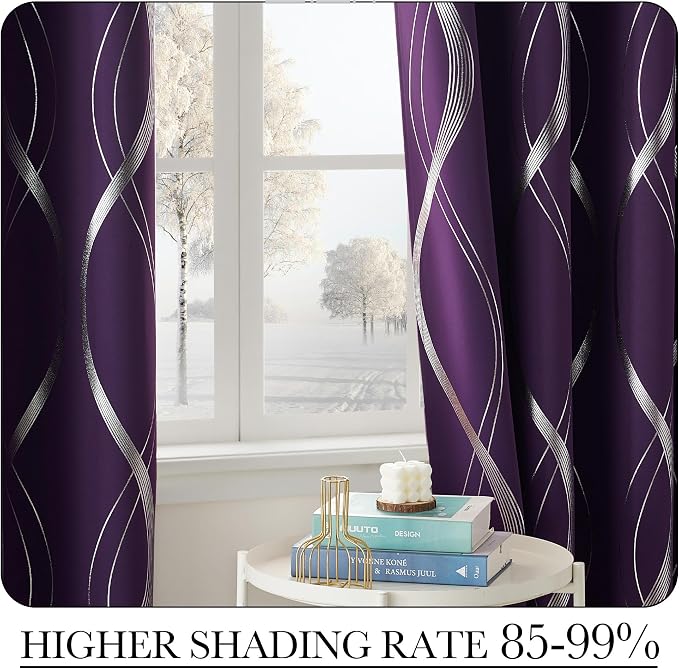 NICETOWN Royal Purple Blackout Curtains 84 inch Long Wave Line Foil Print | - Image 5