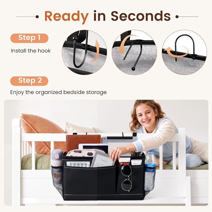 Bedside Caddy for Dorm Bed, Bedside Storage Bag Hanging Organizer | Metal Frame - Image 5