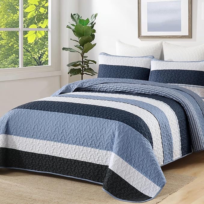 Dinjoy King Boho Striped Quilt Set, Breathable All-Season, 3-Piece Set Fits - Image 2
