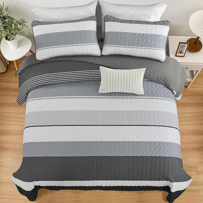 Dinjoy California King Striped Quilt Set, Breathable All-Season, 3-Piece Set - Image 3