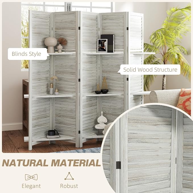 HOMCOM Room Divider with Shelves, 5 Panel, Distressed White | Wood Privacy - Image 5