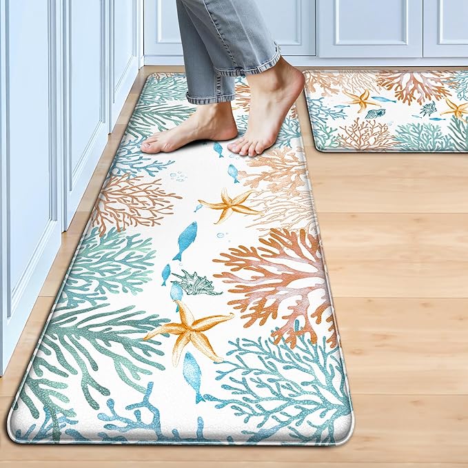 Kitchen Mats for Floor Cushioned Anti Fatigue Sets of 2 Coastal Kitchen Rugs Non Slip Waterproof Nautical Foam Kitchen Floor Rug Beach Theme Coral Fish Comfort Standing Mat for Sink Laundry, Teal