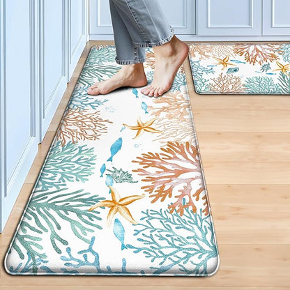 Kitchen Mats for Floor Cushioned Anti Fatigue Sets of 2 Coastal Kitchen Rugs Non Slip Waterproof Nautical Foam Kitchen Floor Rug Beach Theme Coral Fish Comfort Standing Mat for Sink Laundry, Teal