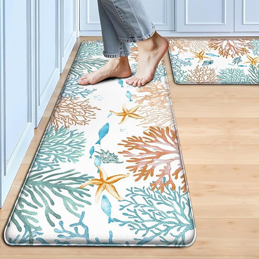 Kitchen Mats for Floor Cushioned Anti Fatigue Sets of 2 Coastal Kitchen Rugs Non Slip Waterproof Nautical Foam Kitchen Floor Rug Beach Theme Coral Fish Comfort Standing Mat for Sink Laundry, Teal
