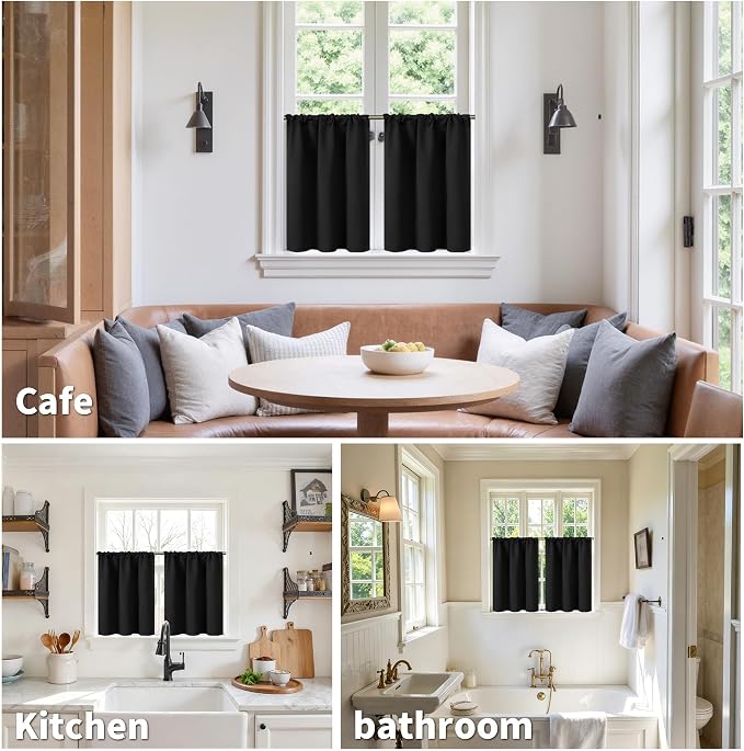 BGment Cafe Curtains 30 Inch Length, Rod Pocket Black Small Drapes | Privacy - Image 2