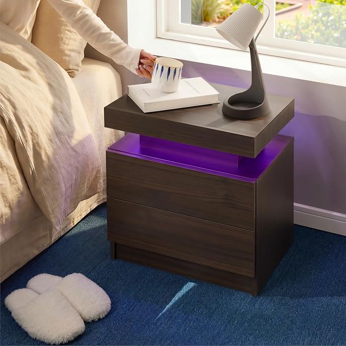LED Nightstand with Wood 2 Drawers Modern Bedside Table - Image 4