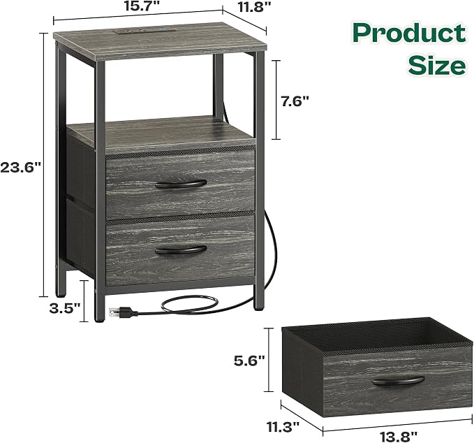 Huuger Night Stand with Charger Station and LED Lights, 2 Drawer Nightstand | - Image 3
