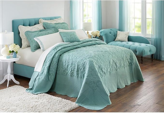 BrylaneHome Bedding Lightweight All Season Modern Amelia Quilted Damask Oversized Ultra Soft Bedspread - Queen, Seaglass