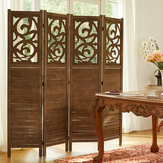 Svimi Folding Room Divider, 5.6Ft 4 Panels Wood Carved Privacy Screens - Image 6