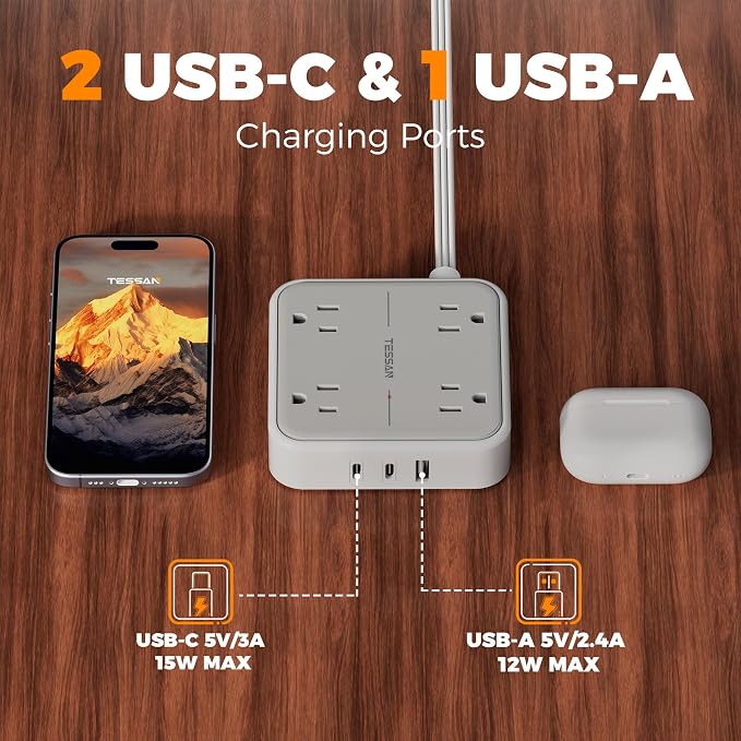 TESSAN Surge Protector Flat Extension Cord 5Ft, Flat Plug Power Strip | 4 - Image 4