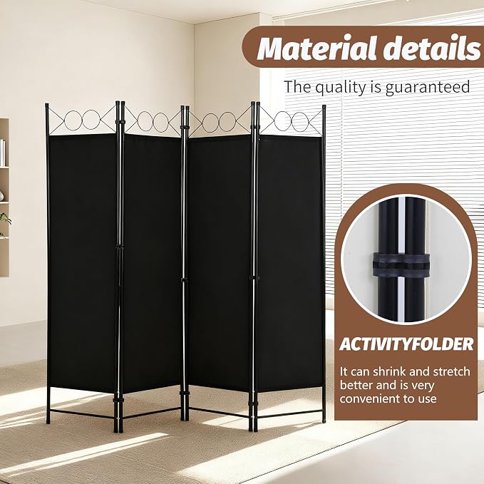 FDW 4-Panel Folding Room Divider | 6ft, Coal Black | Light & Portable | - Image 5