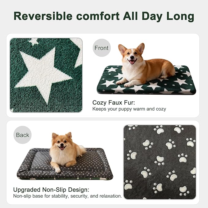 Washable Dog Bed Plush Orthopedic Outdoor Crate Mat with Non-Slip Bottom,Luxe Soft Kennel Pad for Pets, Cozy Cage Cushion & Pet Sleeping Mattress Large Sized,Medium,Small Dogs,24x18 inch,Green