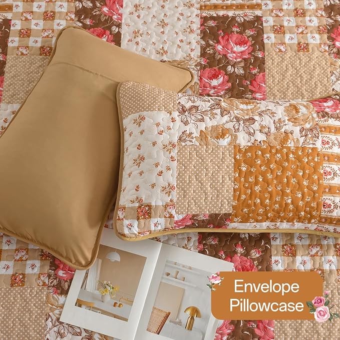Floral Quilt Set King Size, 3 Pieces Patchwok Burnt Orange Brown Bedspread Fall - Image 6