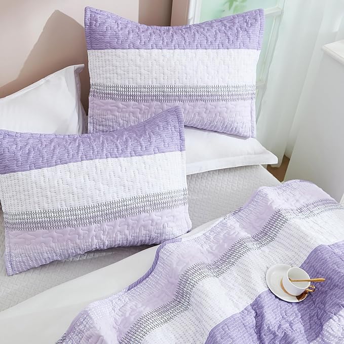 Queen Quilt Set Lavender, 3 Pieces Striped Bedspread | Ultra Soft Summer - Image 3