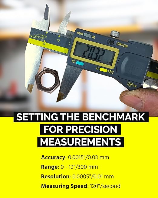iGAGING Absolute Origin 0-12" Digital Caliper, IP54 Stainless Steel, SPC/USB Output Port, Inch & Metric Modes, Case, Manual, Battery