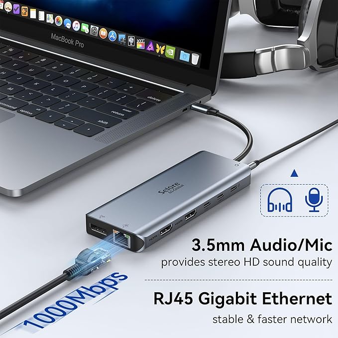 USB C Docking Station Dual Monitor, Selore 13-in-1 Triple Monitor with Dual HDMI, DP, 100W PD, Gigabit Ethernet, 10Gbps USB A/C Ports -Laptop Docking Stations for Dell, HP, Lenovo, MacBook