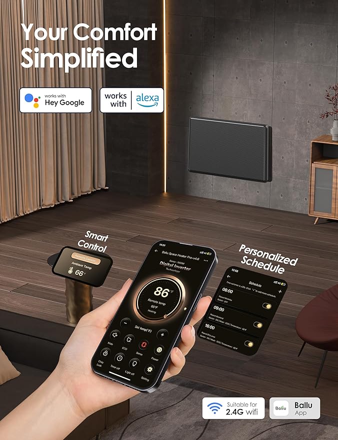 Ballu Mica Infrared Panel Space Heater for Large Room,Smart Quiet Heater with Programmable Thermostat,WiFi App Control,Inverter Energy Efficient for Indoor Use,Compatible with Alexa,Black