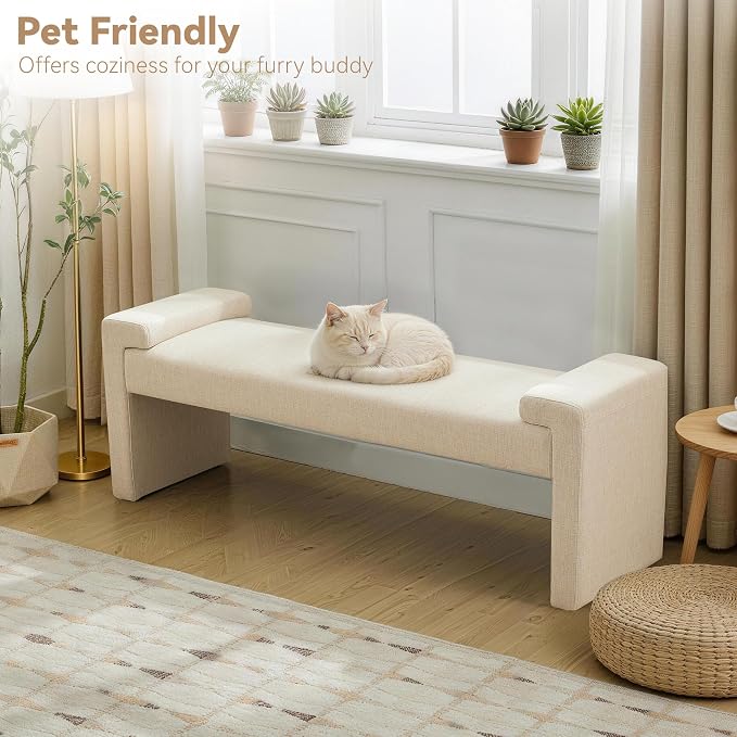 Upholstered Entryway Bench, 58.7" Modern Bedroom Bench, Camel | Curved Armrests - Image 4
